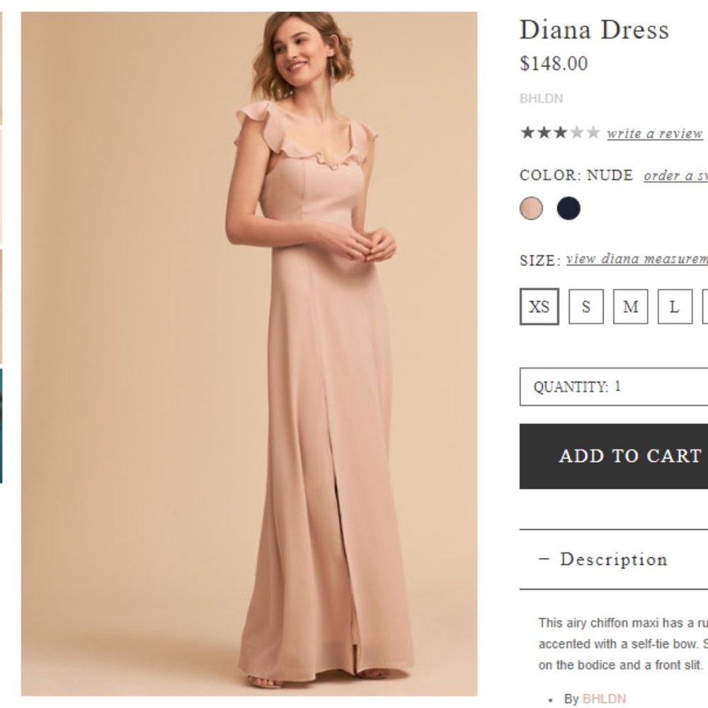 xs BHLDN Diana bridesmaid dress nude cream beige blush HEMMED PETITE